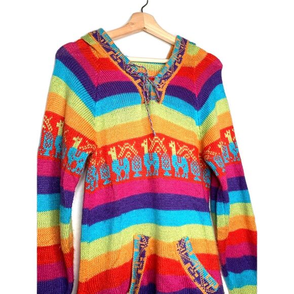 Cardigan Sweater Womens Multicolor Llama Rainbow Long Sleeve Hooded Boho S - Picture 7 of 11